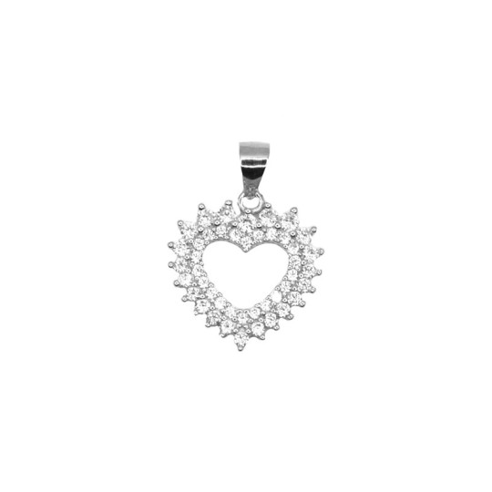 Heart shaped pendant with double row of white cubic zirconia, white gold plated in 925 silver