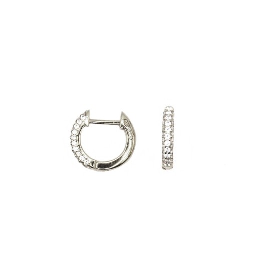 Orecchini a cerchio con chiusura a scattino semi zirconato bianco bombato placcato oro bianco in argento 925