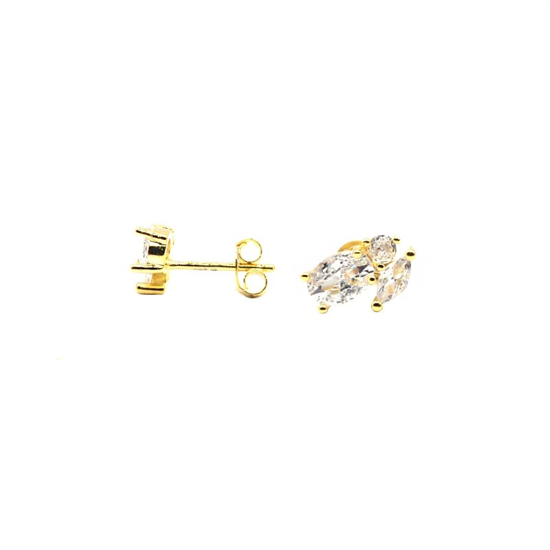 Fantasy tris stud earrings with white oval naked stone yellow gold plated in 925 silver