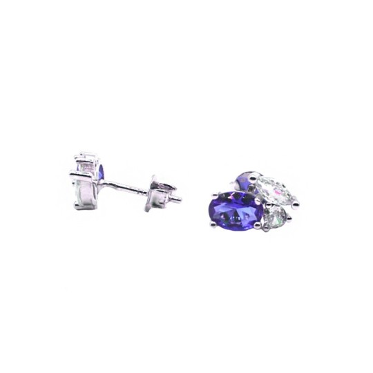 Orecchini a lobo con attacco a pressione tris fantasy con pietra nuda ovale blu placcata oro bianco in argento 925