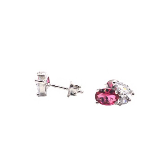 Orecchini a lobo con attacco a pressione tris fantasy con pietra nuda ovale rossa placcata oro bianco in argento 925