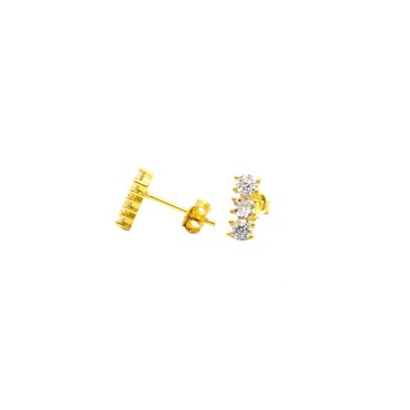 Yellow gold plated white zircon trilogy lobe earrings in 925 silver
