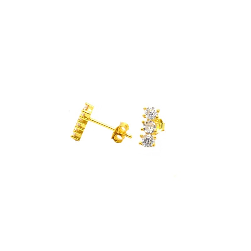 Yellow gold plated white zircon trilogy lobe earrings in 925 silver