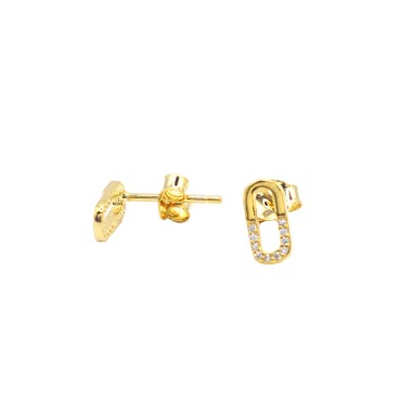Yellow gold plated white semi-zirconia oval shaped lobe earrings in 925 silver