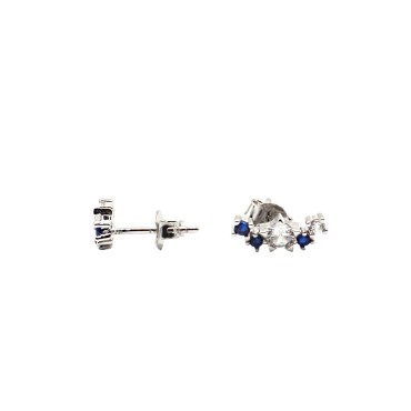 Lobe earrings with press-on connection, bare stone in the shape of a central star with blue side light point, white gold plated 