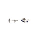 Lobe earrings with press-on connection, bare stone in the shape of a central star with blue side light point, white gold plated 