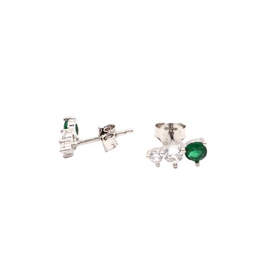 Stud earrings with graduated trilogy snap connection with a green stone white gold plated in 925 silver