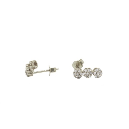 Orecchini lobo con attacco a pressione tre fiori zirconati placcati oro bianco in argento 925