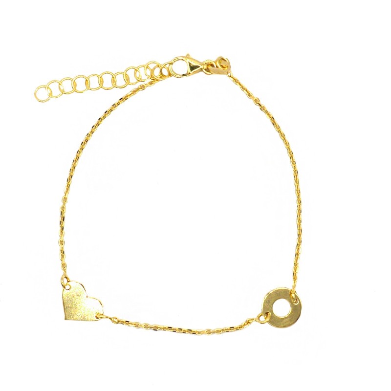 Bracciale maglia micro rollò con cuore a lastra e tondo traforato placcato oro giallo in argento 925