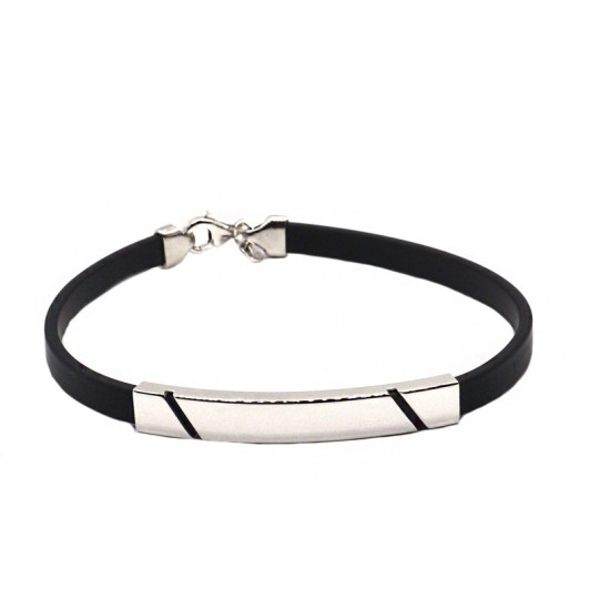 Rubber lace bracelet with smooth white gold plated plate in 925 silver