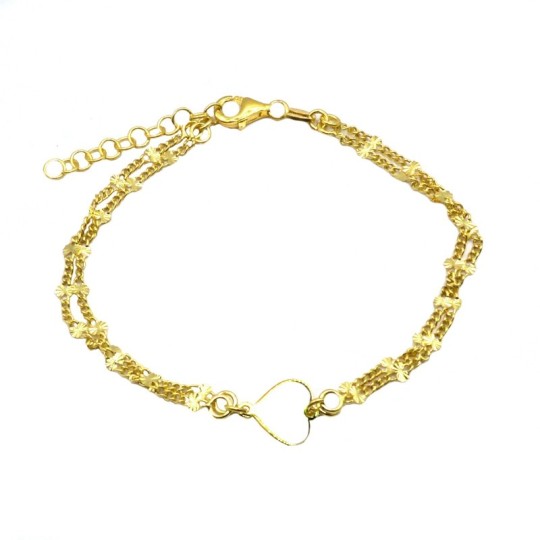 2-strand groumette mesh bracelet with diamond dots with central plate heart in yellow gold plated in 925 silver