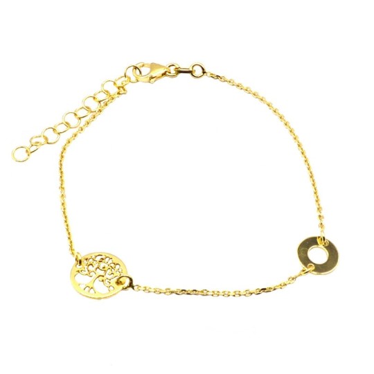 Micro rolled mesh bracelet with tree of life and yellow gold plated plate circle in 925 silver