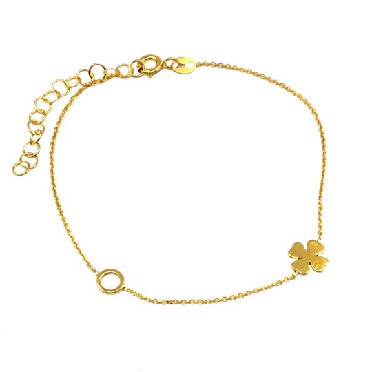 Micro rolled mesh bracelet with four-leaf clover and yellow gold plated circle in 925 silver