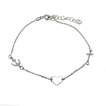 Forzatina link bracelet with cross, heart and anchor in white gold plated in 925 silver