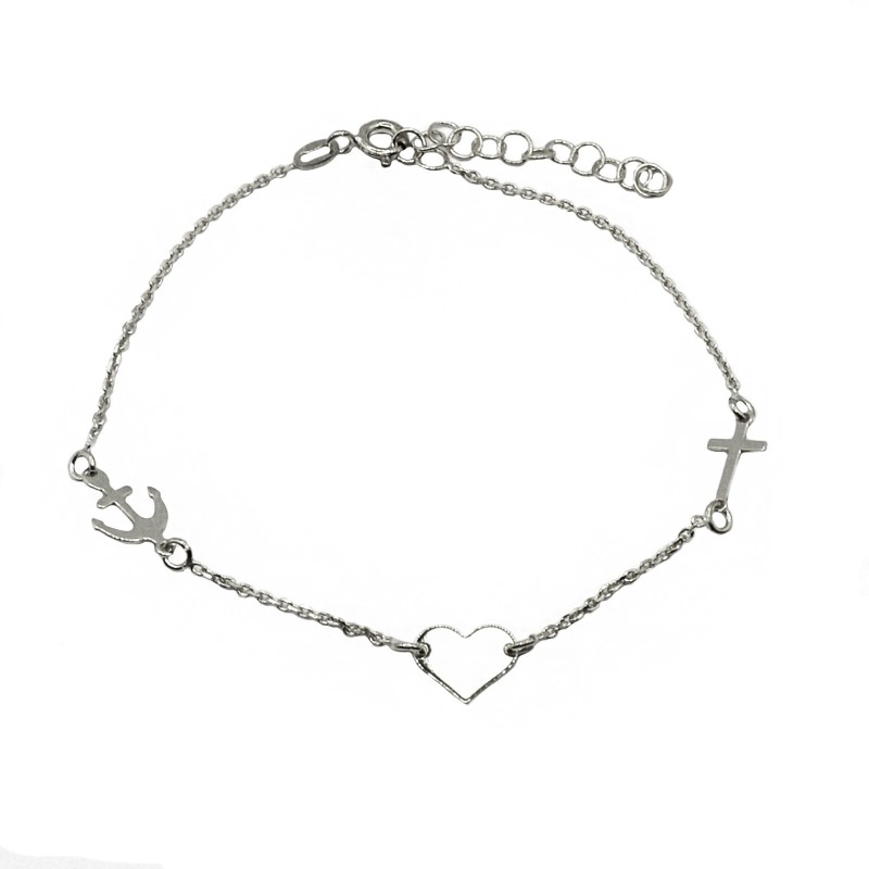 Forzatina link bracelet with cross, heart and anchor in white gold plated in 925 silver