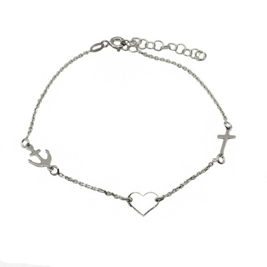 Bracciale maglia forzatina con croce, cuore e ancora a lastra placcato oro bianco in argento 925