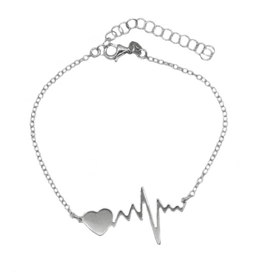 Rolled mesh bracelet with heart and central plate beat in white gold plated in 925 silver