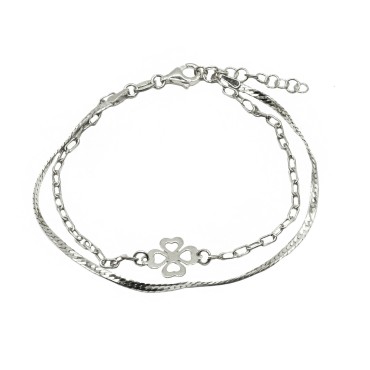 Bracciale 2 fili maglia piatta e maglia biscotto con quadrifoglio a lastra centrale placcato oro bianco in argento 925