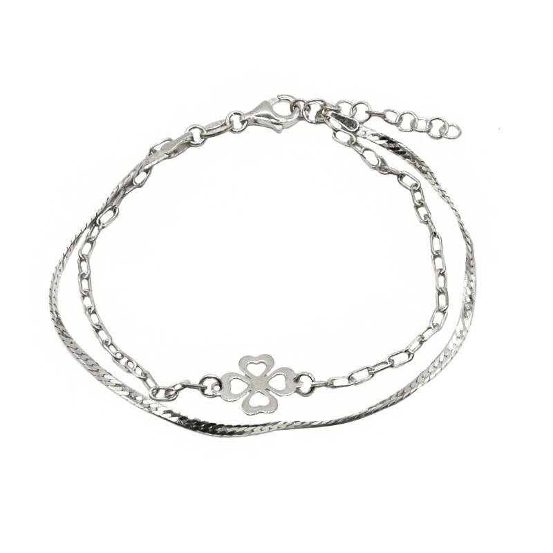 2-strand flat link and biscuit link bracelet with central slab four-leaf clover plated in white gold and 925 silver
