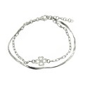 Bracciale 2 fili maglia piatta e maglia biscotto con quadrifoglio a lastra centrale placcato oro bianco in argento 925