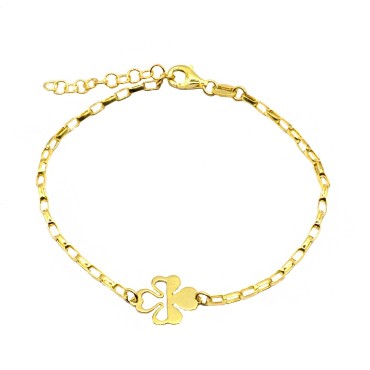 Oval link bracelet attached with a four-leaf clover in a central perforated plate, yellow gold plated in 925 silver