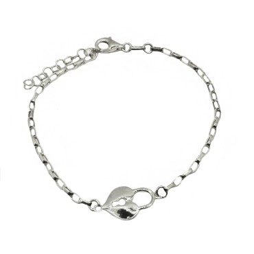 Bracciale maglia ovale agganciata con lucchetto a cuore accoppiato e traforato centrale placcato oro bianco in argento 925