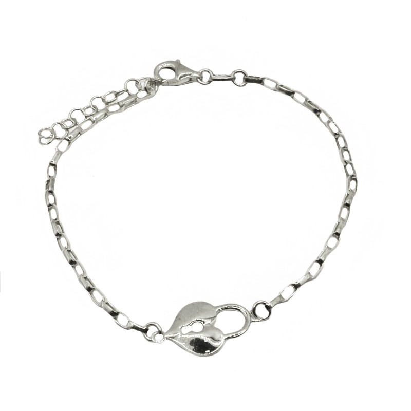 Oval link bracelet attached with coupled heart lock and central openwork white gold plated in 925 silver