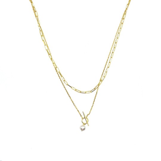 Collana 2 fili maglia biscotto e maglia forzatina con centrale a T e perla pendente placcata oro giallo in argento 925
