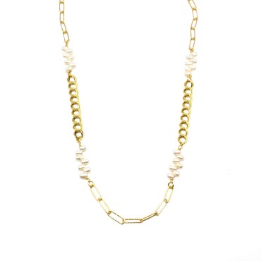 Biscuit link necklace with double strand groumetta mesh segments and 925 silver yellow gold plated oval pearls