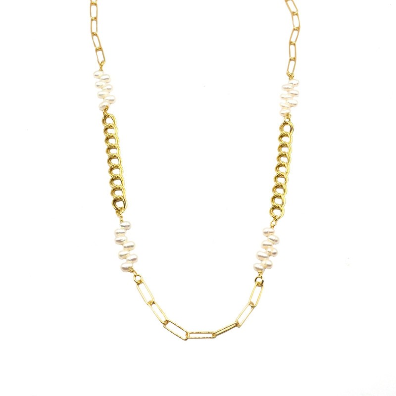 Collana maglia biscotto con segmenti di maglia groumetta a doppio filo e perle ovali placcata oro giallo in argento 925