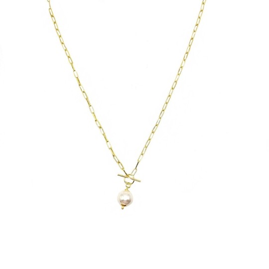 Collana maglia biscotto con centrale a T e perla pendente placcata oro giallo in argento 925