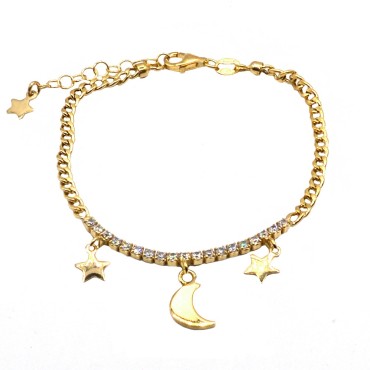 Groumette link bracelet with central segment of white tennis, star and moon plate pendants yellow gold plated in 925 silver