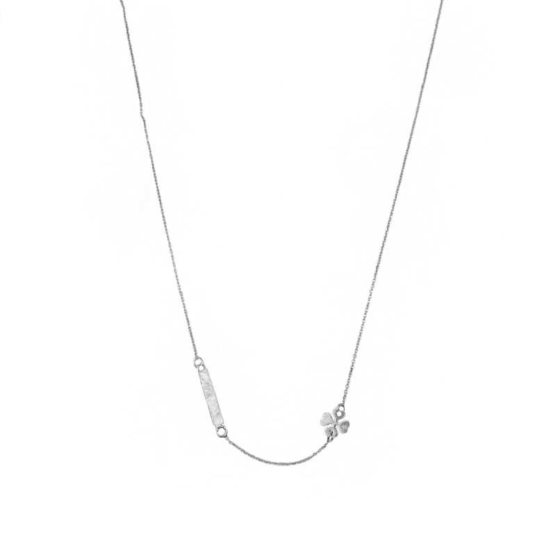 Forzatina link necklace with central slab plate and lateral slab four-leaf clover plated in white gold in 925 silver