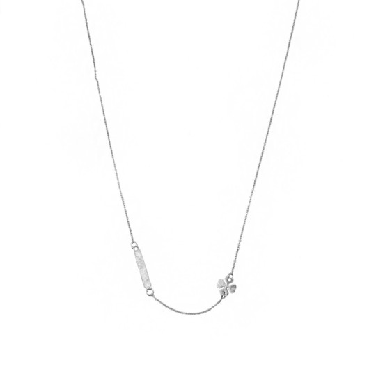 Collana maglia forzatina con targa centrale a lastra e quadrifoglio laterale a lastra placcato oro bianco in argento 925