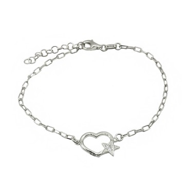 Biscuit link bracelet with heart shape and star pavé of white zircons white gold plated in 925 silver