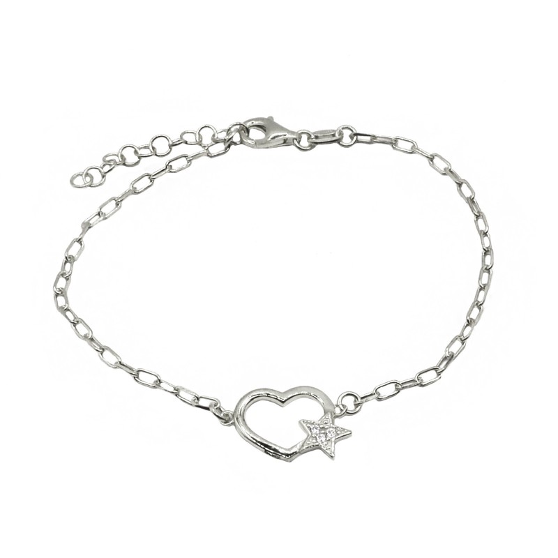 Biscuit link bracelet with heart shape and star pavé of white zircons white gold plated in 925 silver