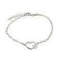 Biscuit link bracelet with heart shape and star pavé of white zircons white gold plated in 925 silver