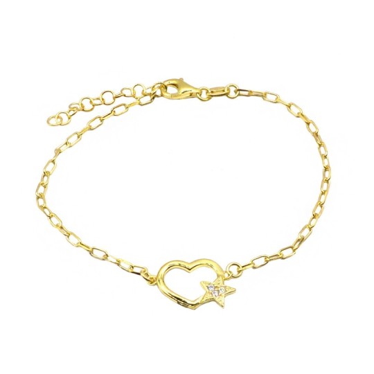 Bracciale maglia biscotto con sagoma cuore e stella a pavè di zirconi bianchi placcato oro giallo in argento 925