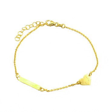 Bracciale maglia forzatina con targa centrale a lastra e cuore laterale a lastra placcato oro giallo in argento 925
