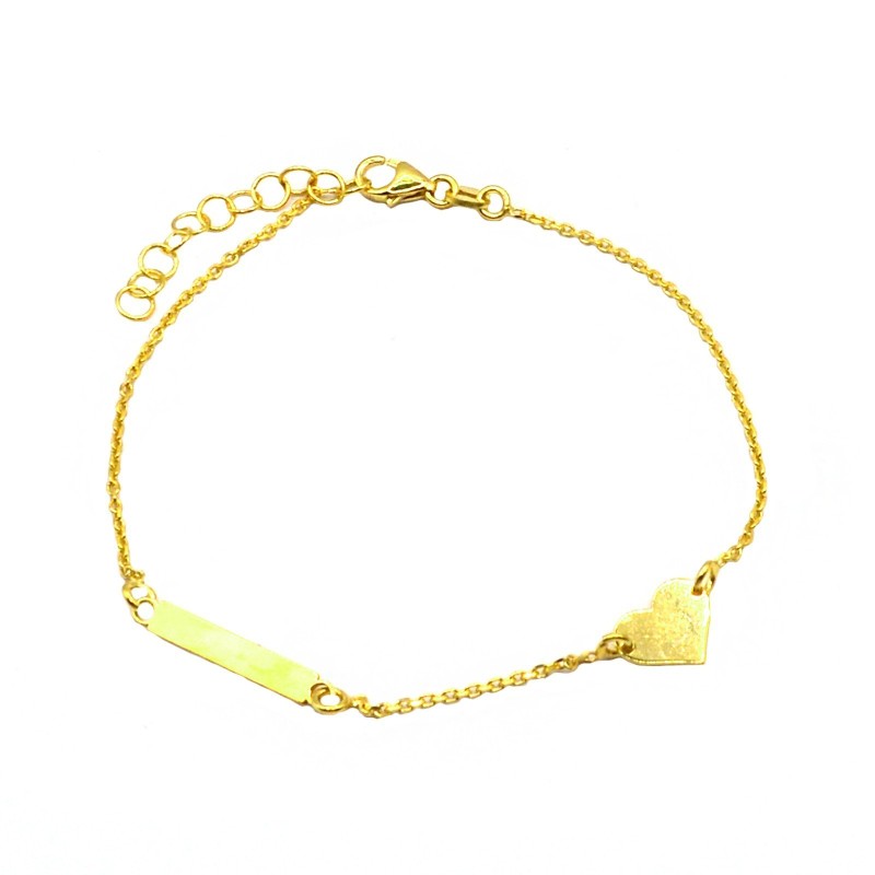 Forzatina link bracelet with central slab plate and lateral slab heart plated in yellow gold in 925 silver