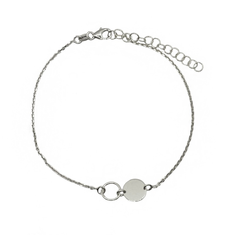 Bracciale maglia forzatina con sagoma cerchio e cerchio a lastra centrale placcato oro bianco in argento 925