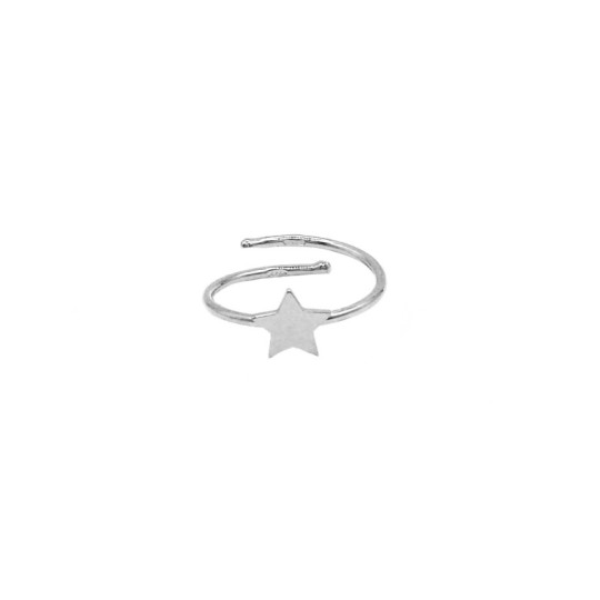 Adjustable wire ring with white gold plated central plate star in 925 silver