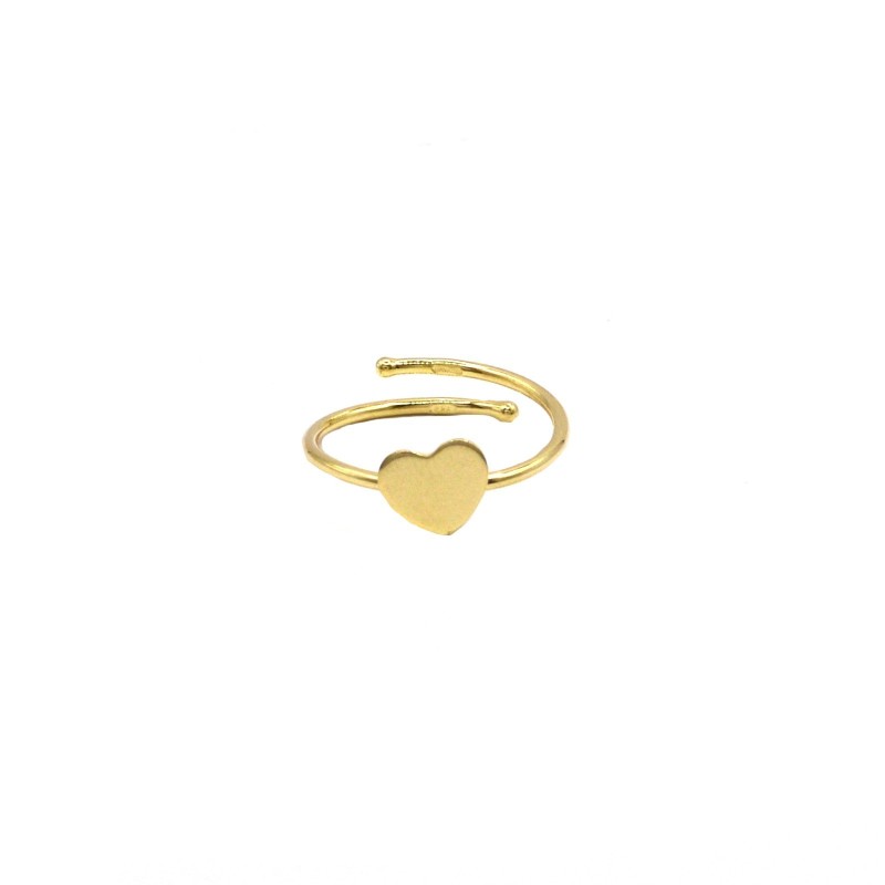 Adjustable wire ring with yellow gold plated central plate heart in 925 silver