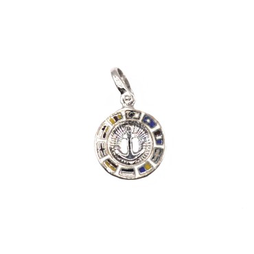 Round pendant with central anchor on a perforated base in an enamelled frame with white gold plated nautical flags in 925 silver