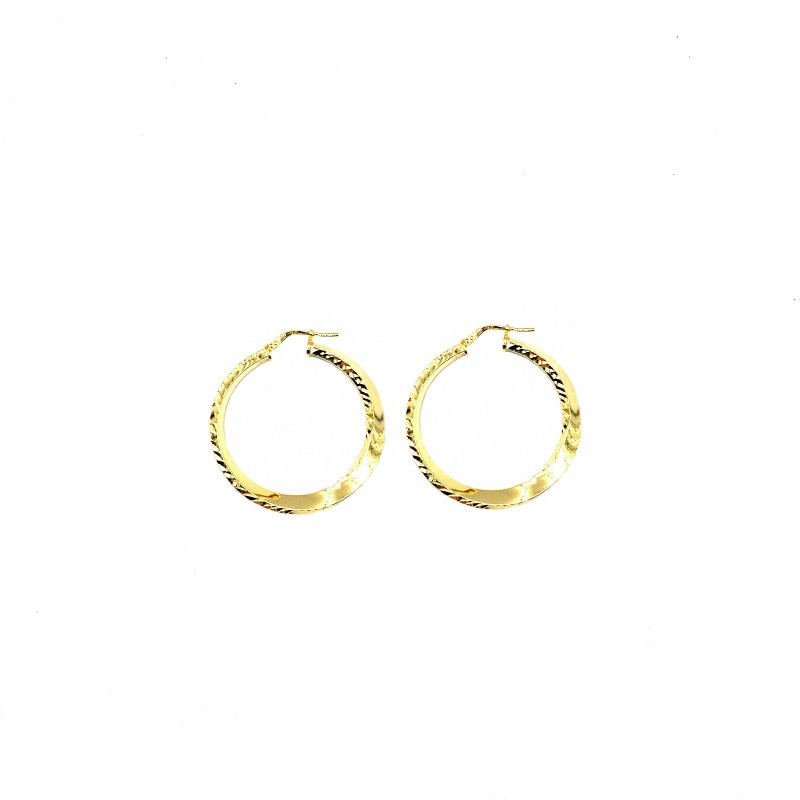 Orecchini a cerchio intrecciato a sezione quadrata diamantato e lucido con chiusura a ponte placcati oro giallo in argento 925