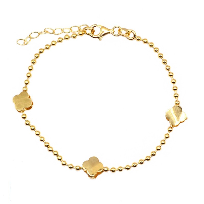 Sphere link bracelet with coupled yellow gold plated 925 silver clover leaves
