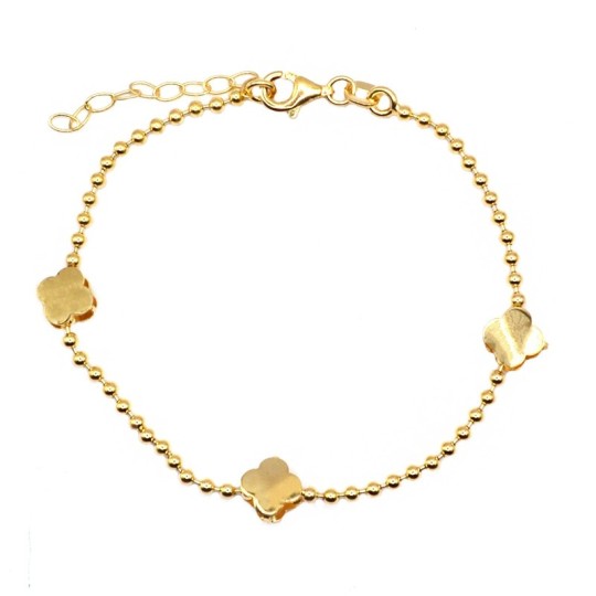 Bracciale maglia sfera con quadrifogli accoppiati placcato oro giallo in argento 925
