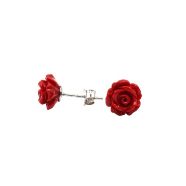 Red rose stud earrings in white gold plated resin in 925 silver