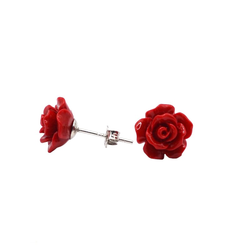 Red rose stud earrings in white gold plated resin in 925 silver