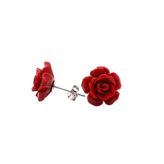 Orecchini a lobo rosa rossa in resina placcati oro bianco in argento 925